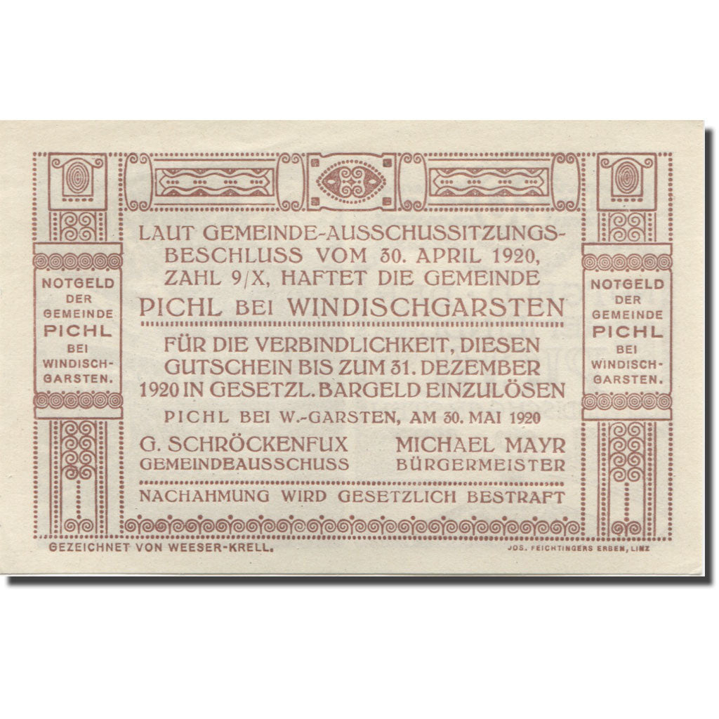 Banknote, Austria, Pichl, 20 Heller, Usine 2, 1920, UNC(63), Mehl:FS 7481