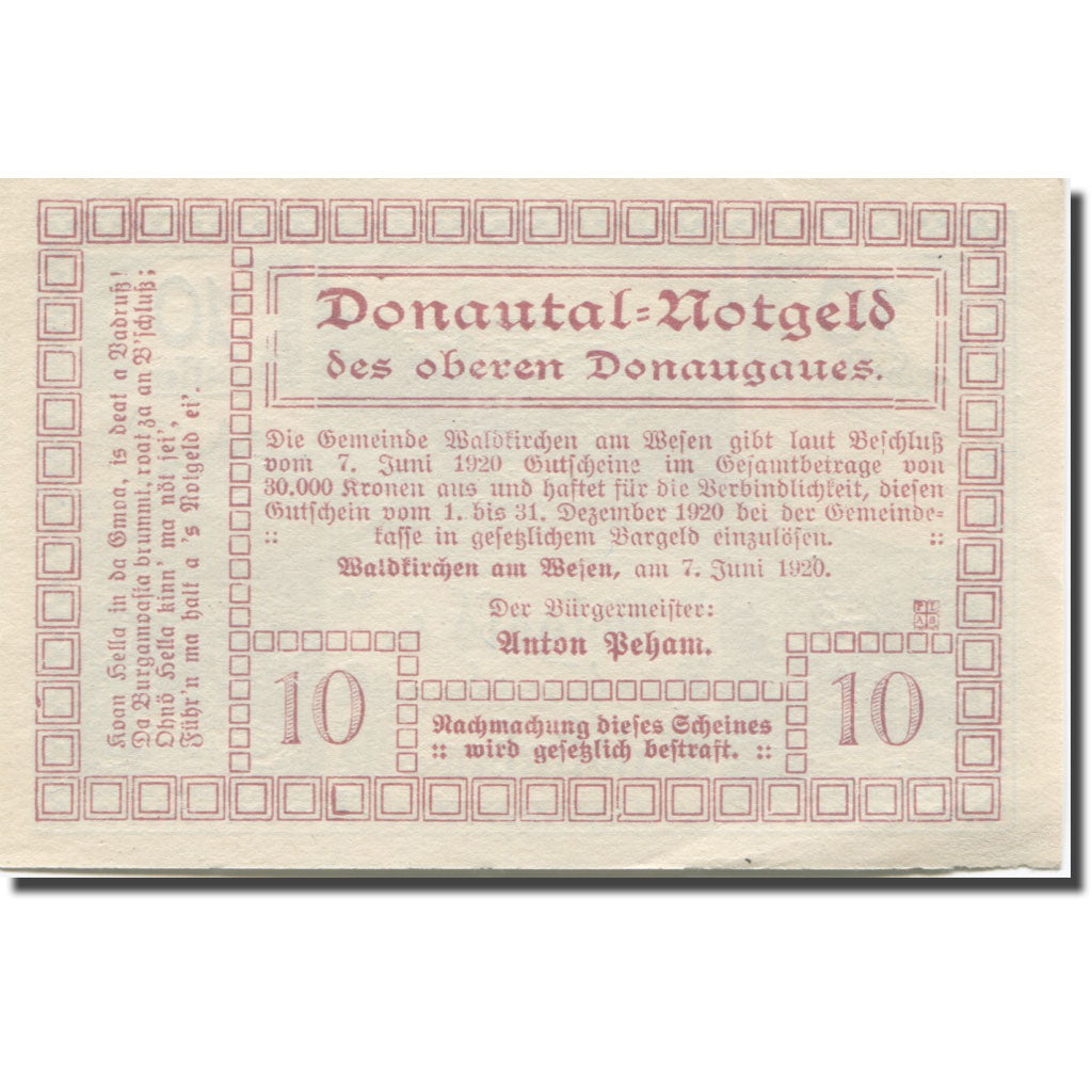 Banknote, Austria, Waldkirchen, 10 Heller, village, 1920 UNC(63) Mehl:FS 1133