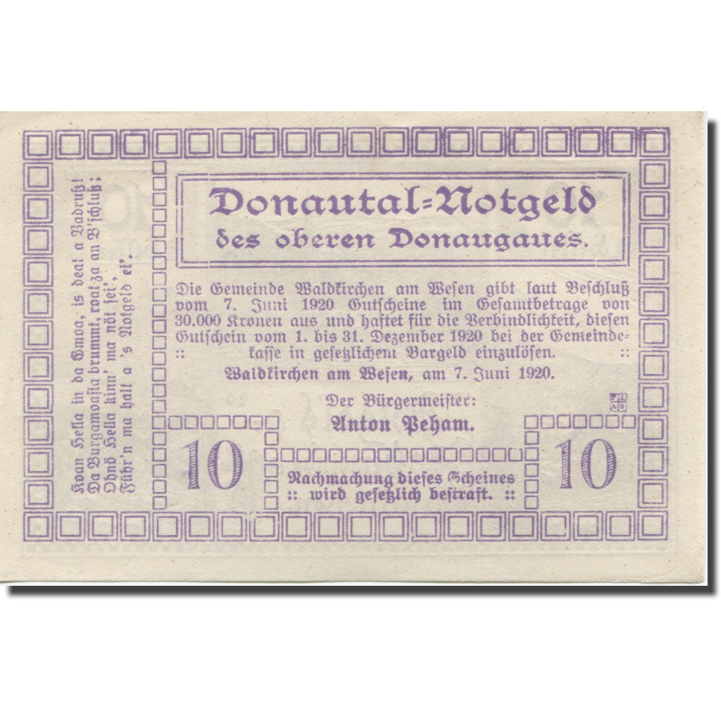 Banknote, Austria, Waldkirchen, 10 Heller, village 1, 1920 UNC(63) Mehl:FS 1133