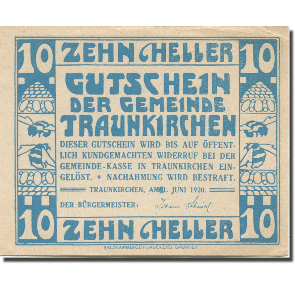 Banknote, Austria, Traunkirchen, 10 Heller, mer, 1920 UNC(63) Mehl:FS 1081
