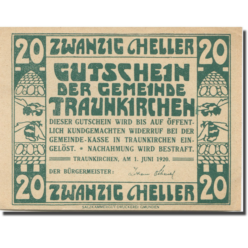 Banknote, Austria, Traunkirchen, 20 Heller, château, 1920 UNC(63) Mehl:FS 1081