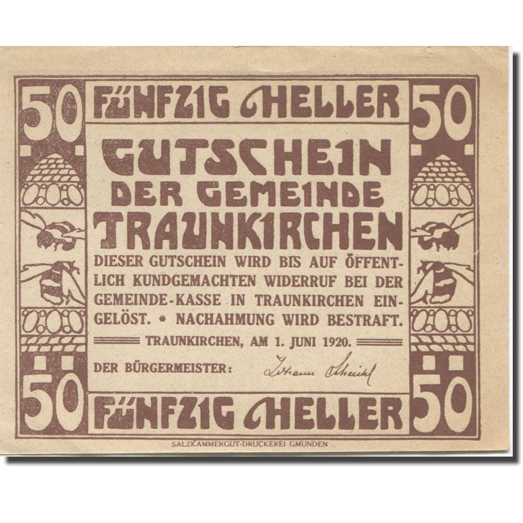 Billet, Autriche, Traunkirchen, 50 Heller, voilier, 1920 SPL Mehl:FS 1081