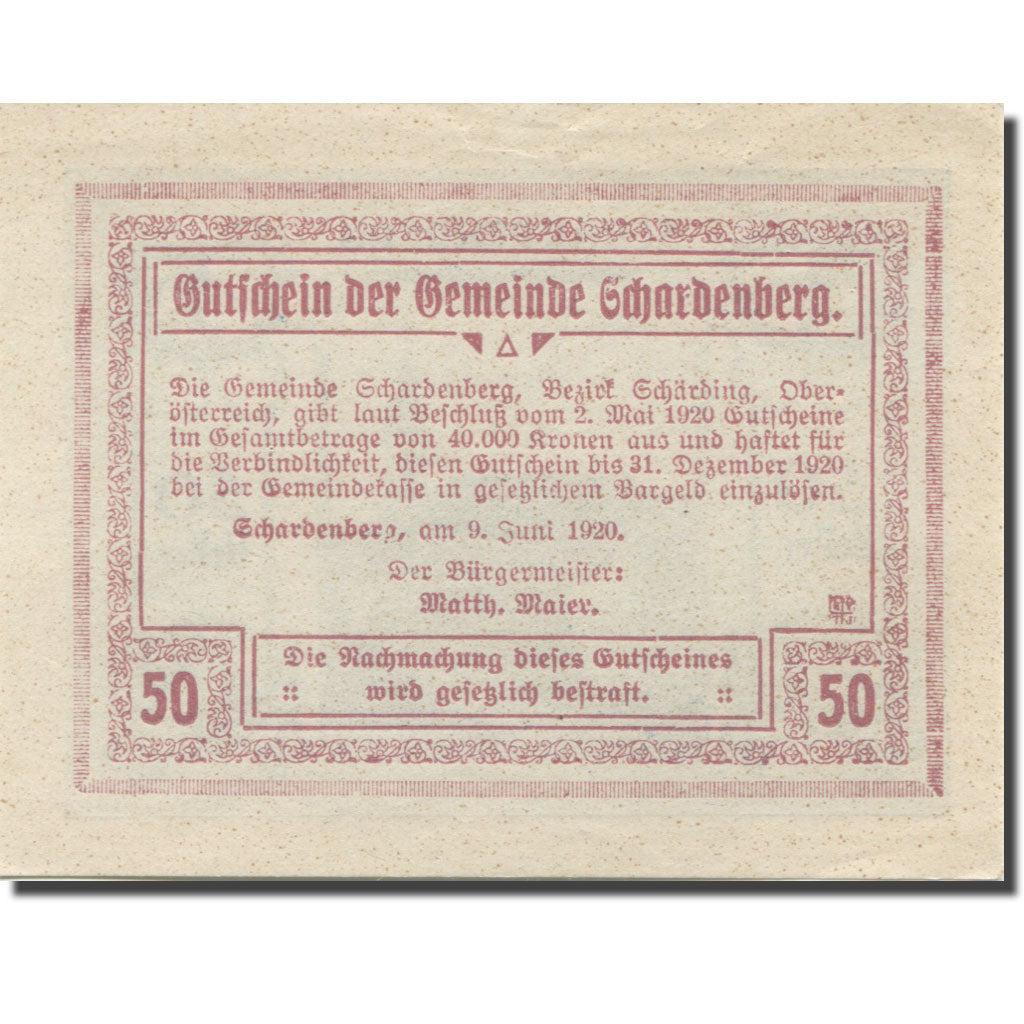 Banknote, Austria, Schardenberg, 50 Heller, Eglise, 1920 UNC(63) Mehl:FS 954c