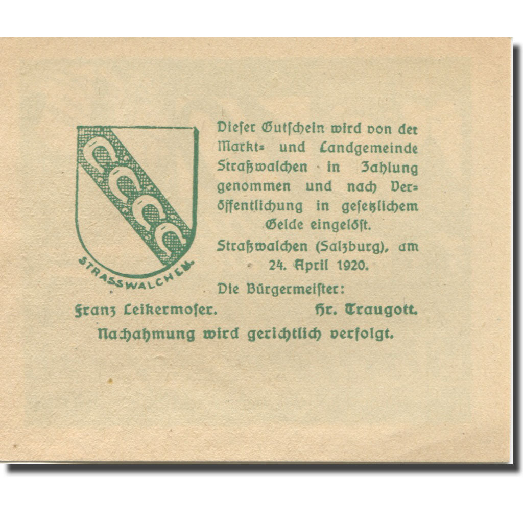 Banknote, Austria, Strasswalchen, 10 Heller, village 1920 UNC(63) Mehl:FS 1047a