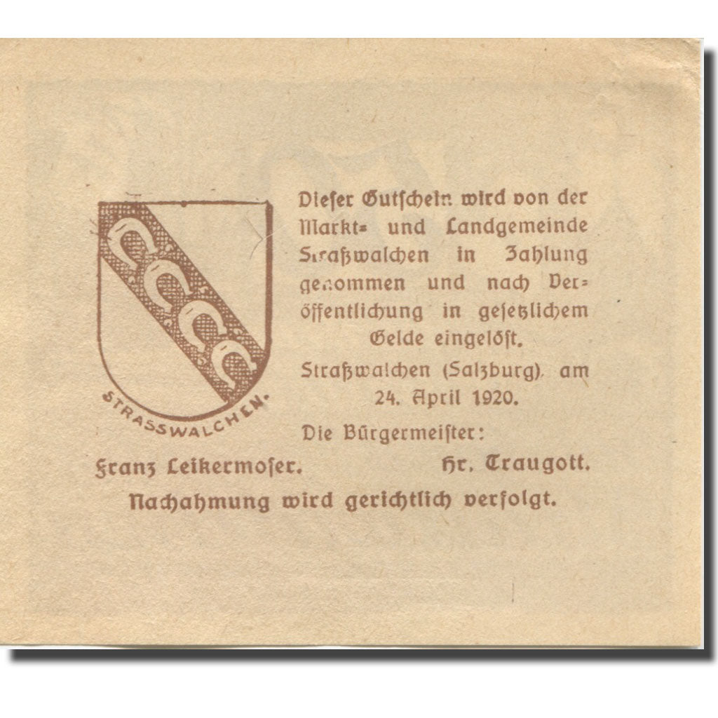 Banknote, Austria, Strasswalchen, 50 Heller, village, 1920 UNC(63) Mehl:FS 1047a
