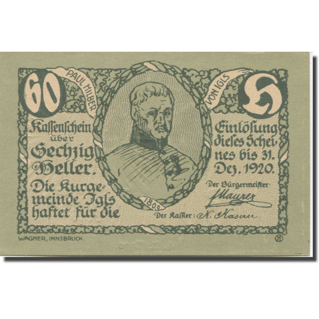Banknote, Austria, Igls, 60 Heller, portrait, 1920 UNC(65-70) Mehl:FS 403SSb