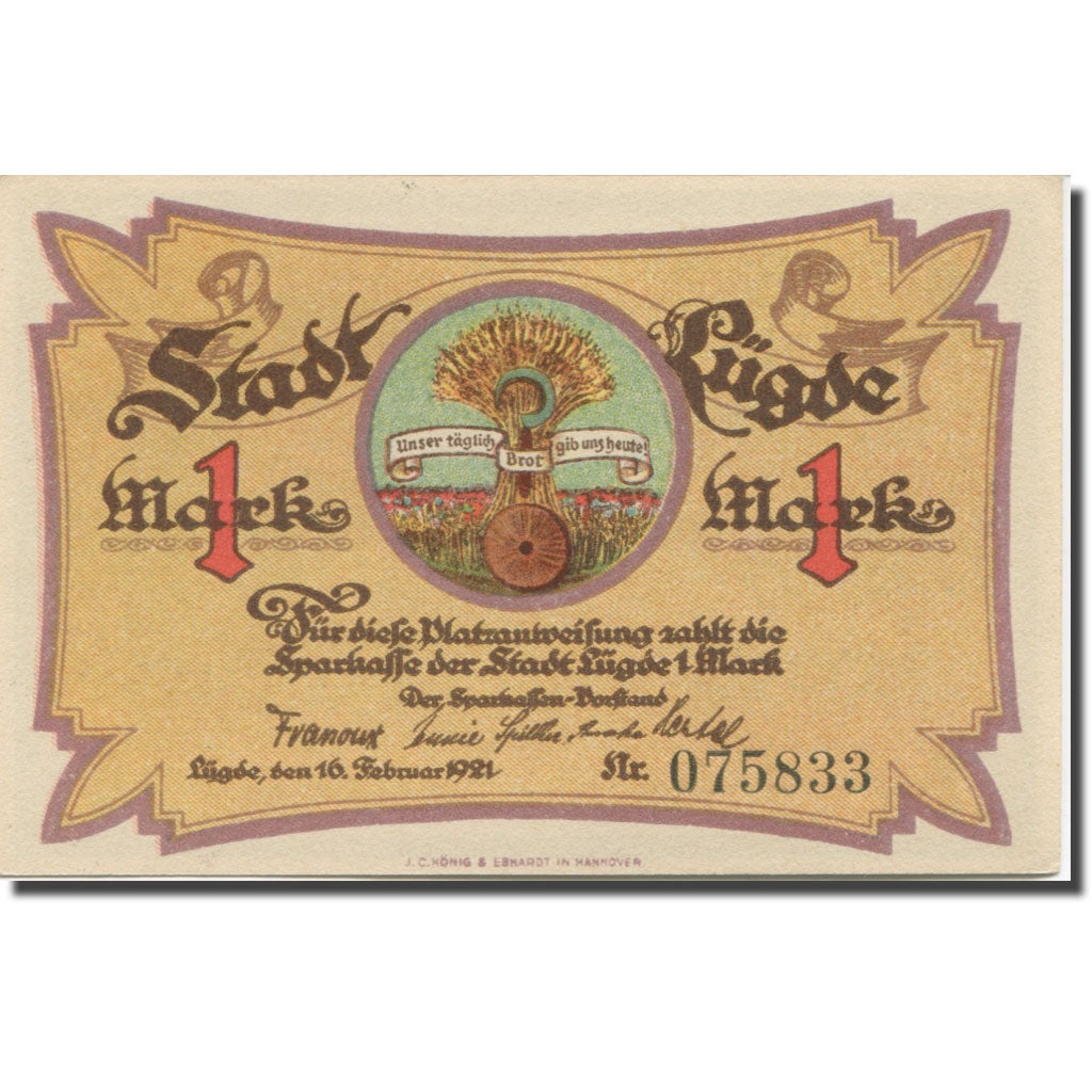 Banknote, Germany, Lugde, 1 Mark, Blé 1, 1921 UNC(65-70) Mehl:838.1