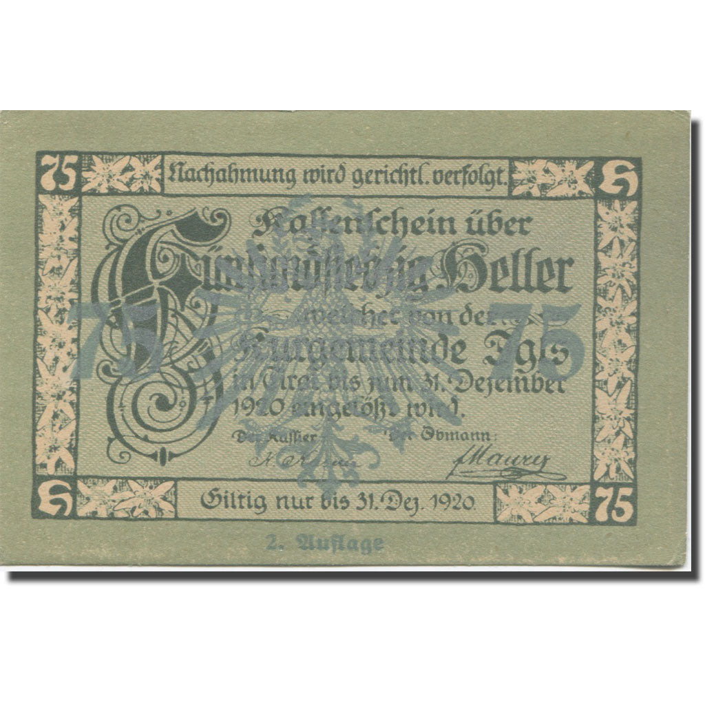 Banknot, Austria, Igls, 75 Heller, parc, 1920 UNC(63), Mehl:FS 403ssb