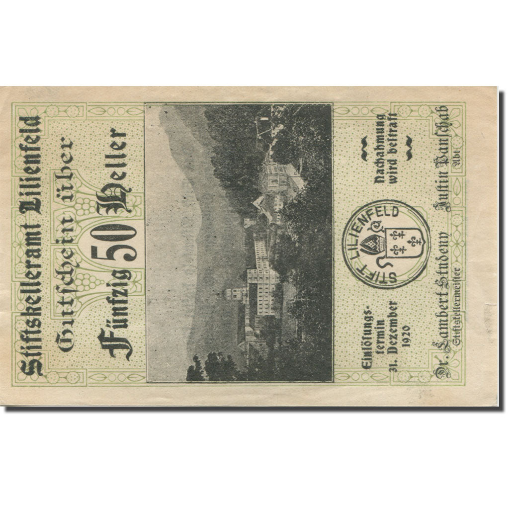 Banknote, Austria, Lilienfeld, 50 Heller, château, 1920 UNC(63) Mehl:FS 523a