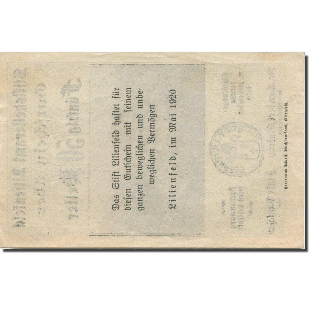 Banknote, Austria, Lilienfeld, 50 Heller, château, 1920 UNC(63) Mehl:FS 523a