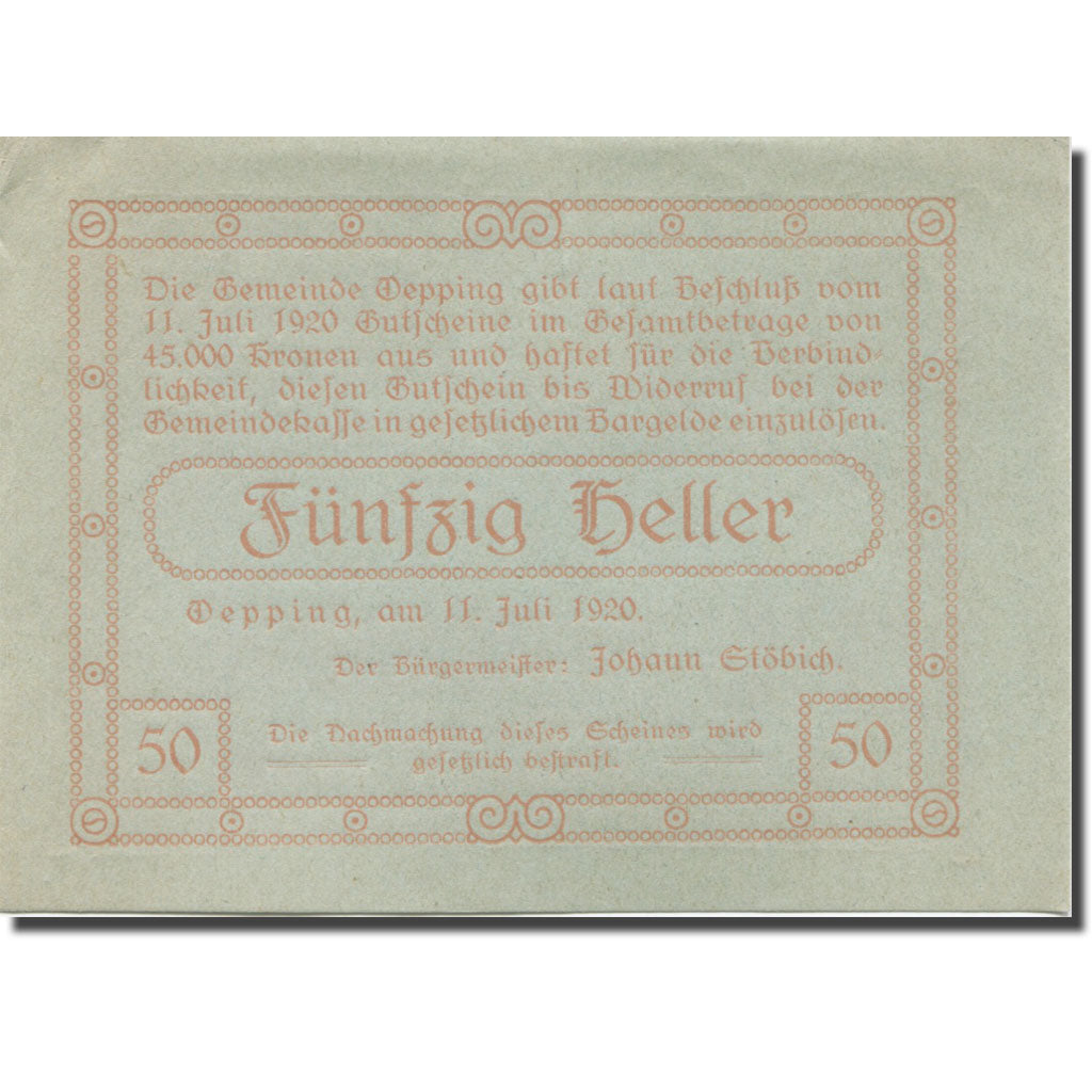 Banknote, Austria, öpping, 50 Heller, village, 1920 UNC(63) Mehl:FS 710Ia