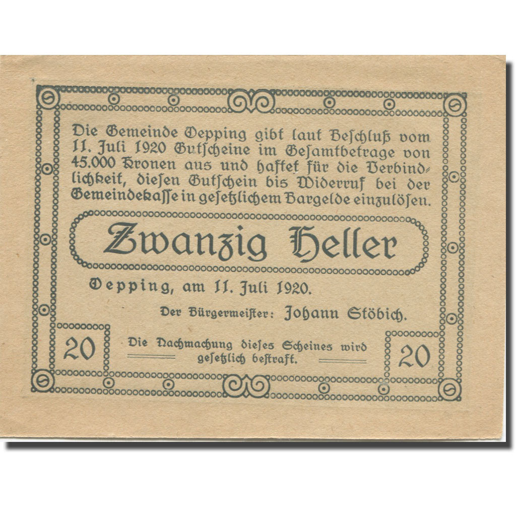 Banknote, Austria, öpping, 20 Heller, Blason, 1920 UNC(63) Mehl:FS 246