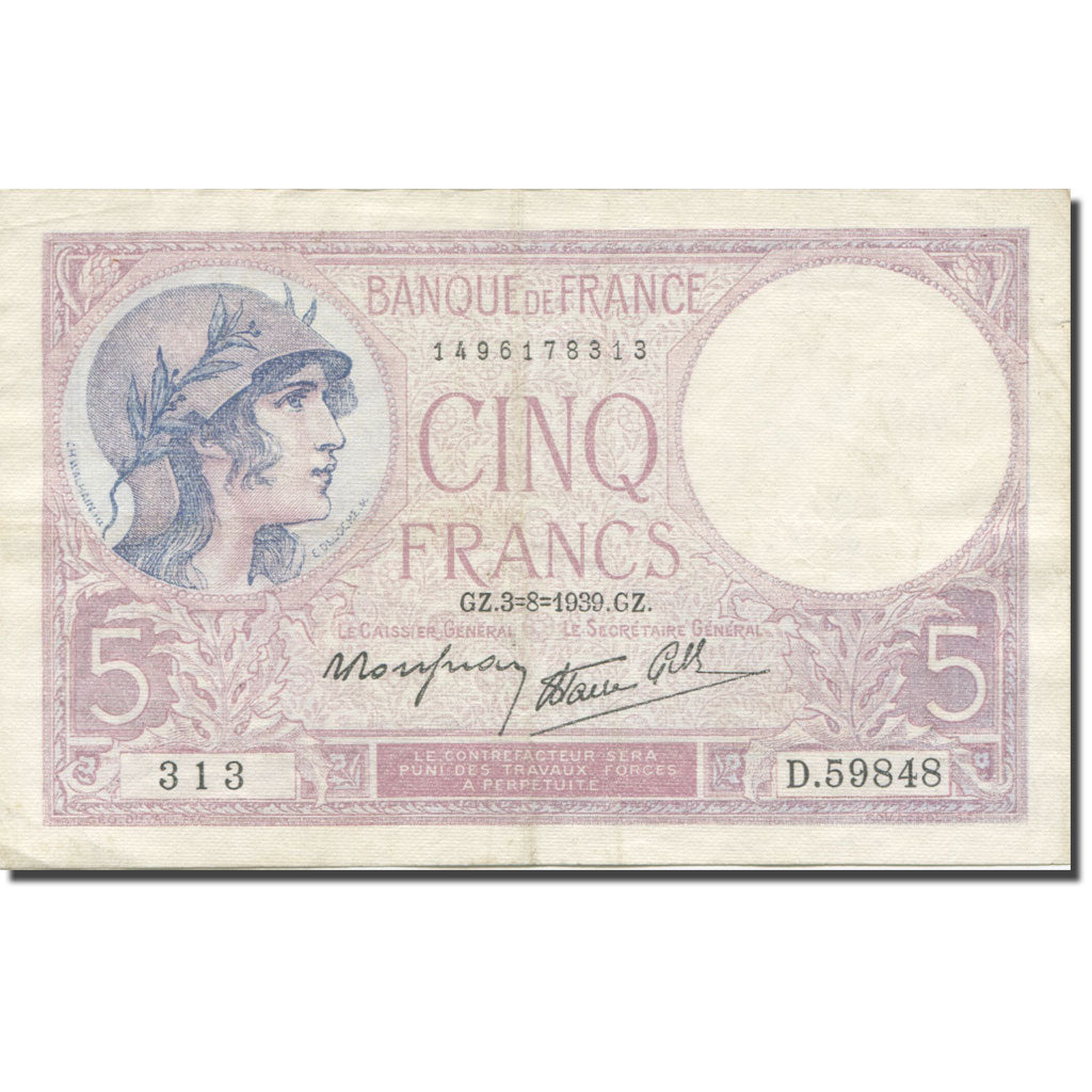 Francia, 5 Francs, Violet, 1937-1939, 1939-08-03, SPL-, Fayette:4.4, KM:83