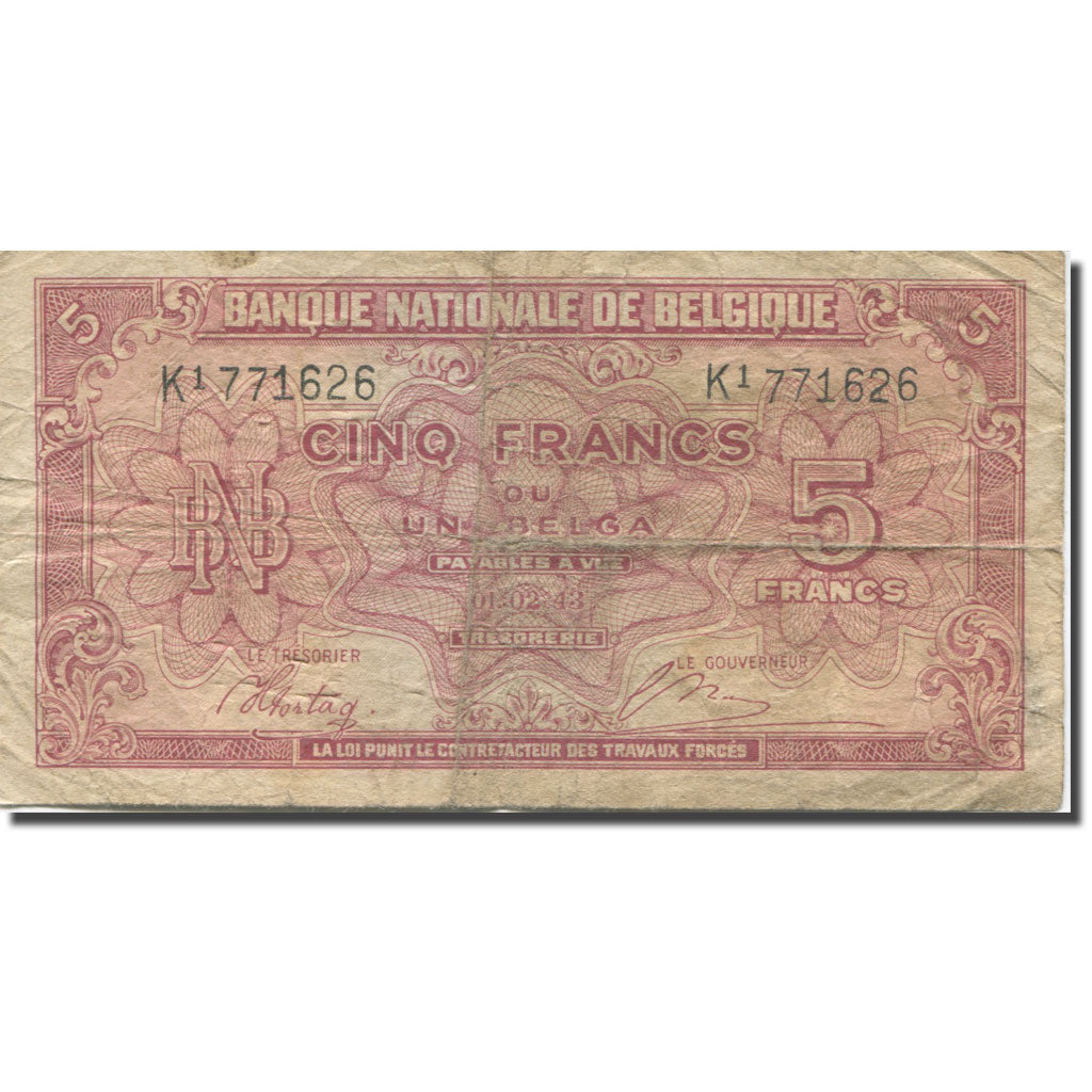 Banconote, Belgio, 5 Francs-1 Belga, 1943, 1943-02-01, KM:121, MB