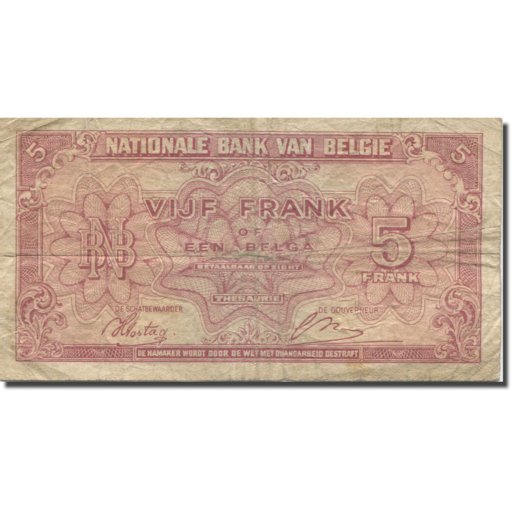 Banconote, Belgio, 5 Francs-1 Belga, 1943, 1943-02-01, KM:121, MB