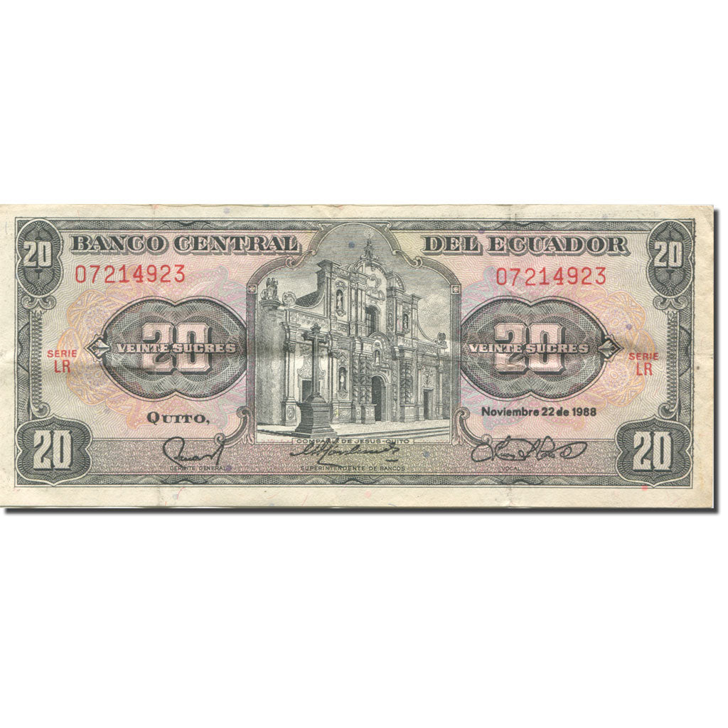 Billete, 20 Sucres, 1986-1988, Ecuador, 1988-11-22, KM:121Aa, MBC