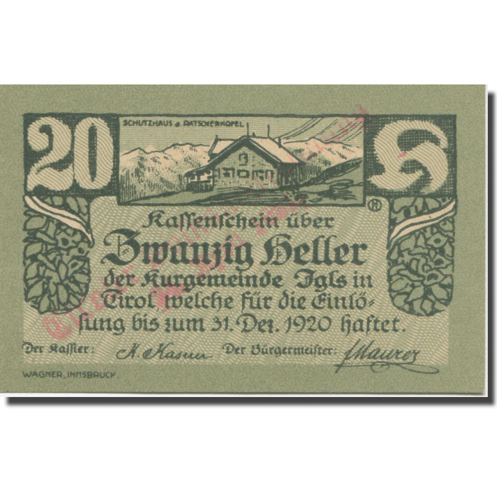 Banknote, Austria, Igls, 20 Heller, chalet, 1920 UNC(65-70) Mehl:FS 403