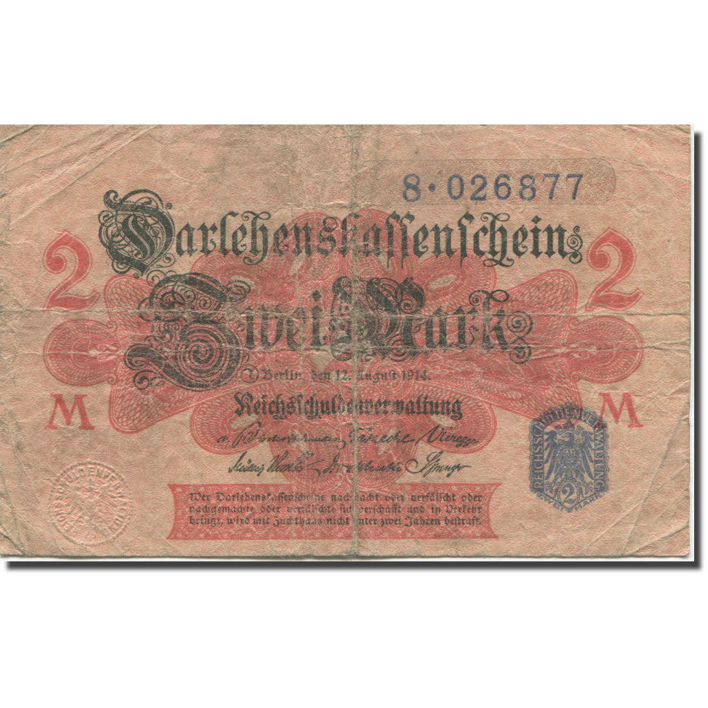 Nota, Alemanha, 2 Mark, 1914, 1914-08-12, KM:55, VF(20-25)