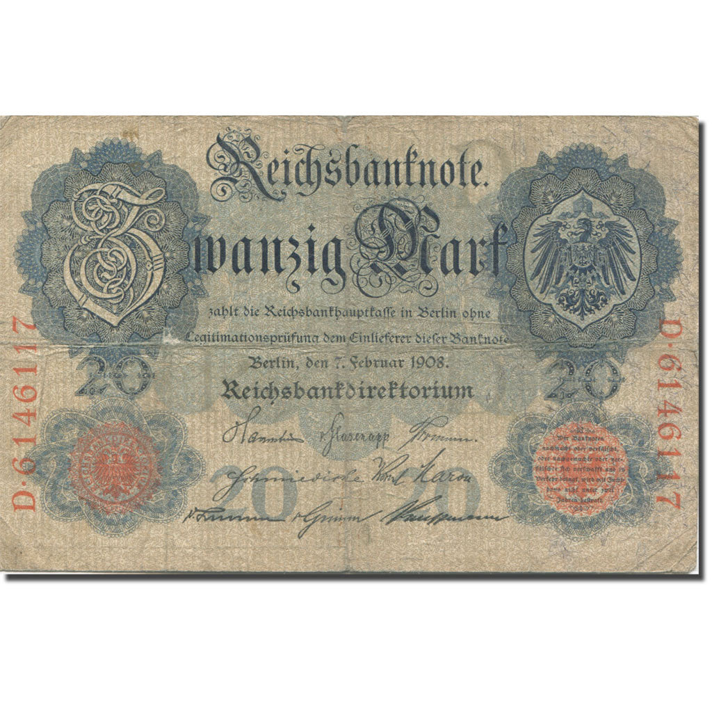 Billete, 20 Mark, 1908, Alemania, 1908-02-07, KM:31, MBC
