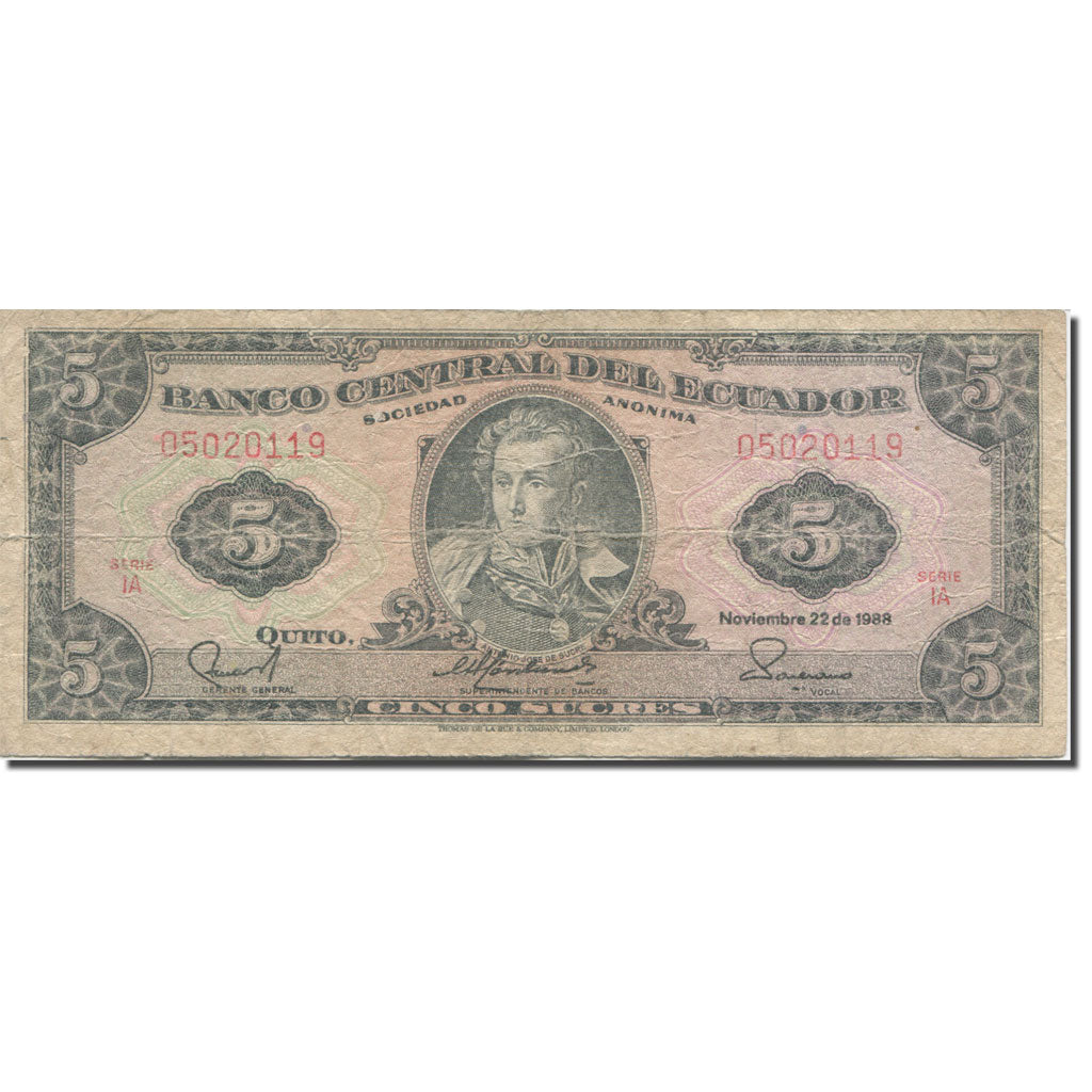 Billete, 5 Sucres, 1957-1971, Ecuador, 1988-12-22, KM:113d, BC