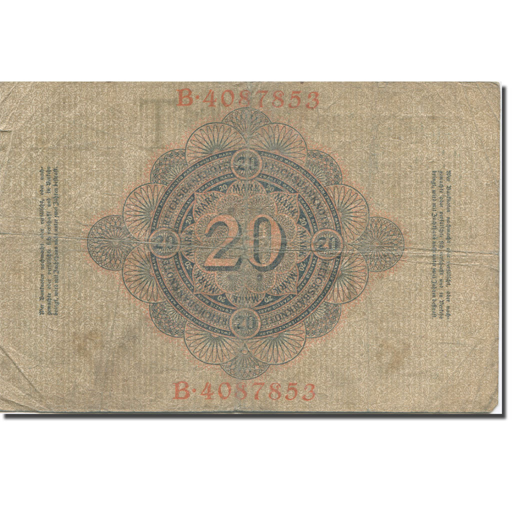 Nota, Alemanha, 20 Mark, 1907, 1907-06-08, KM:28, VF(20-25)
