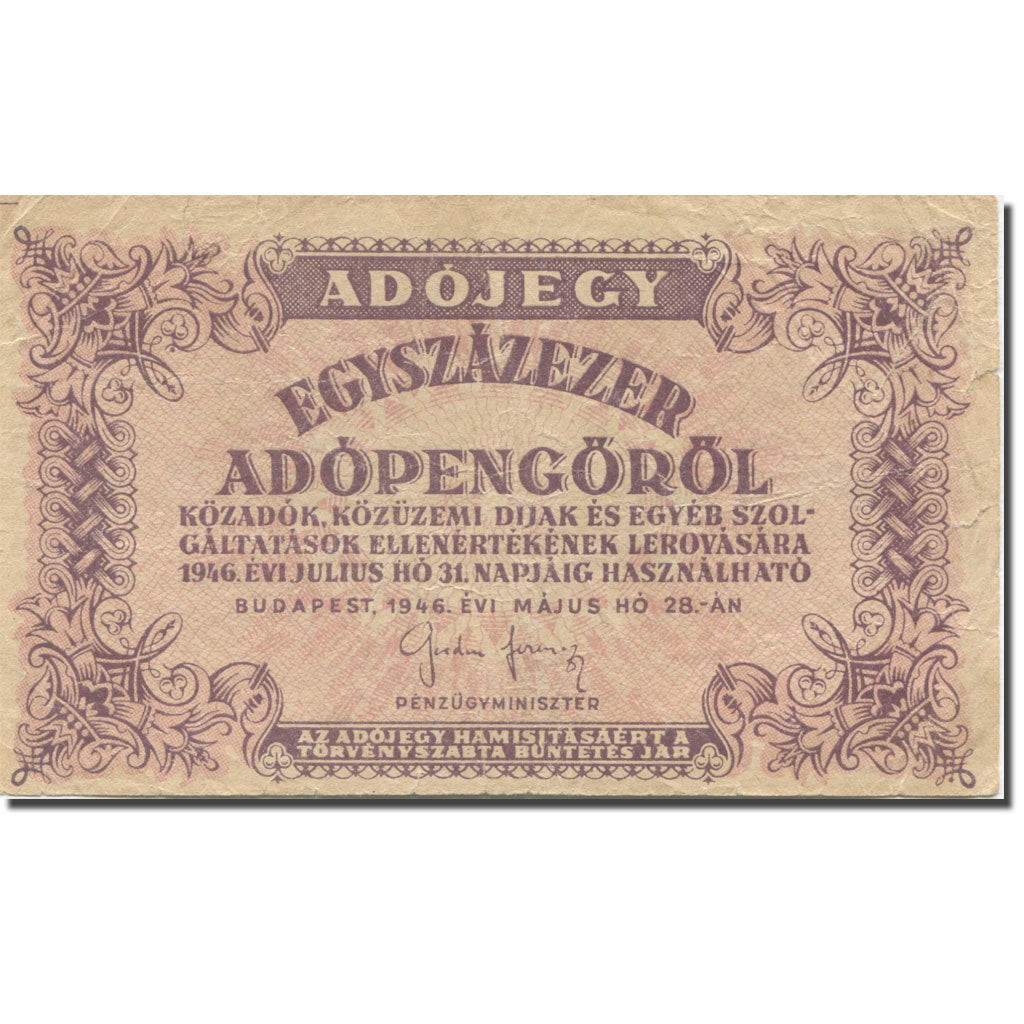Banknot, Węgry, 100,000 (Egyszázezer) Adópengö, 1946, 1946-05-28, KM:144a