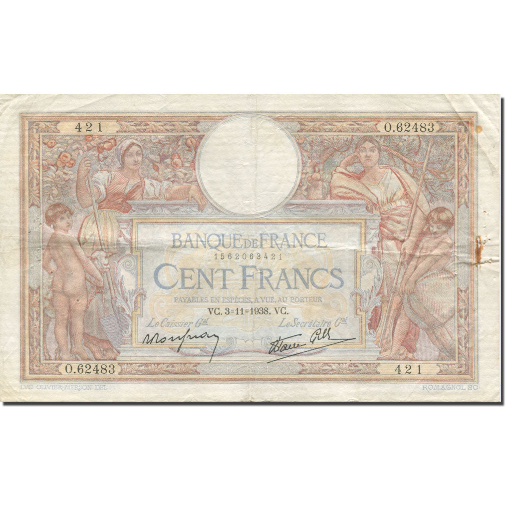 France, 100 Francs, Luc Olivier Merson, 1938 VF(30-35) Fay: 25.34