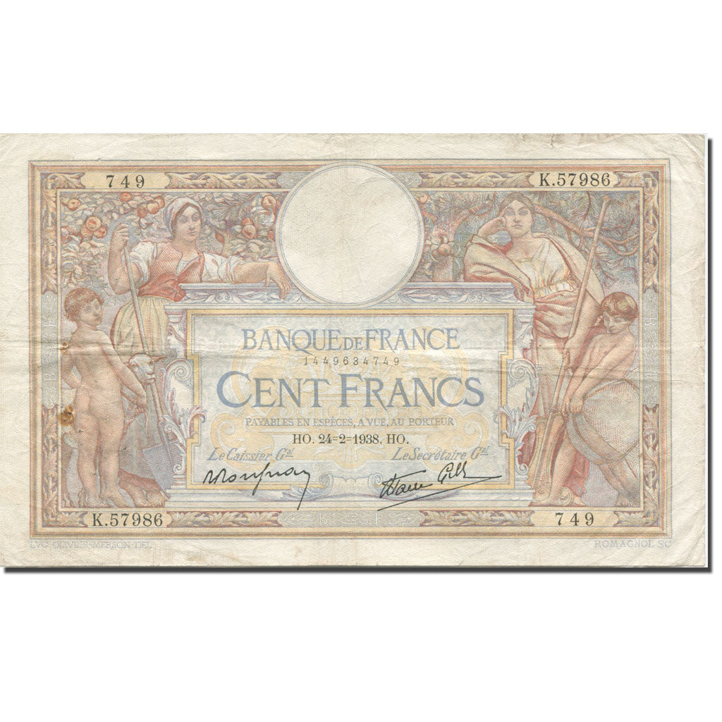 France, 100 Francs, Luc Olivier Merson, 1938 VF(30-35) Fay: 25.12