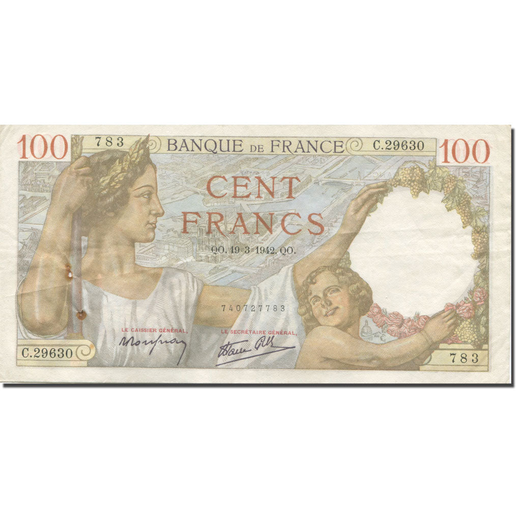 France, 100 Francs, Sully, 1942, 1942-03-19, EF(40-45), Fayette:26.68, KM:94
