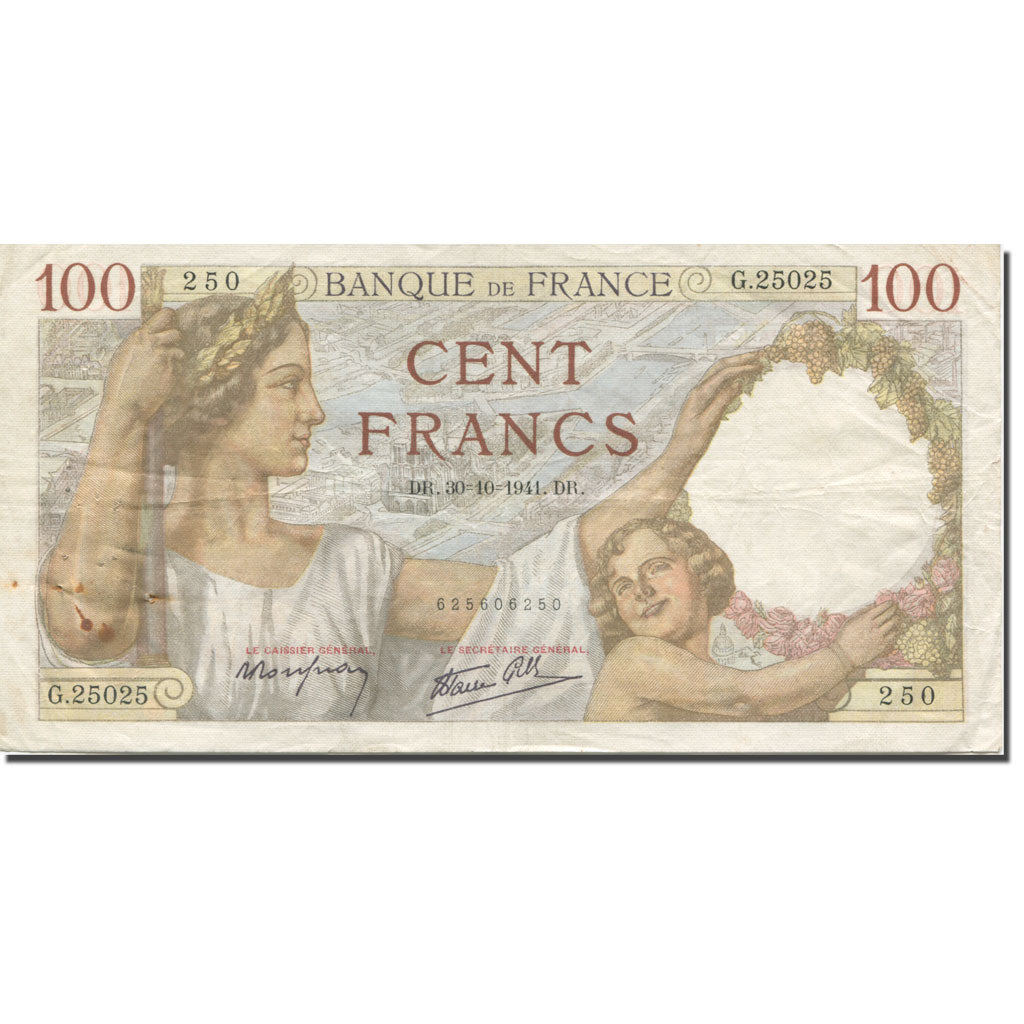 France, 100 Francs, Sully, 1941, 1941-10-30, VF(30-35), Fayette:26.59, KM:94