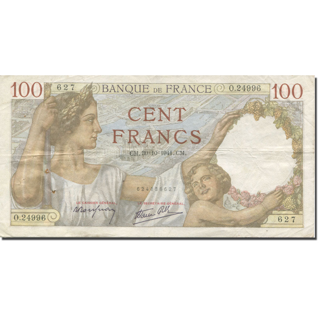 França, 100 Francs, Sully, 1941, 1941-10-30, EF(40-45), Fayette:26.59, KM:94