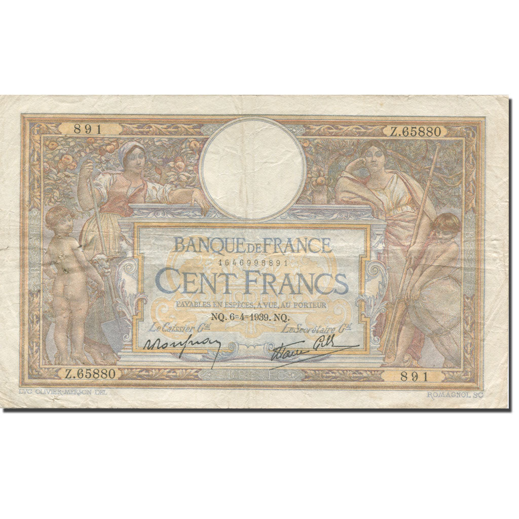 Frankreich, 100 Francs, Luc Olivier Merson, 1939, 1939-04-06, SS, Fayette:25.45