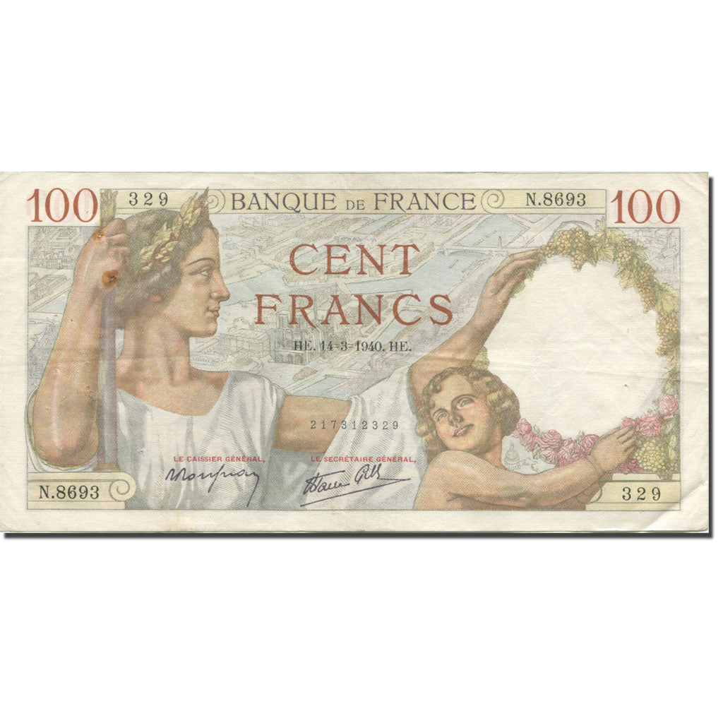 France, 100 Francs, Sully, 1940, 1940-03-14, AU(55-58), Fayette:26.25, KM:94