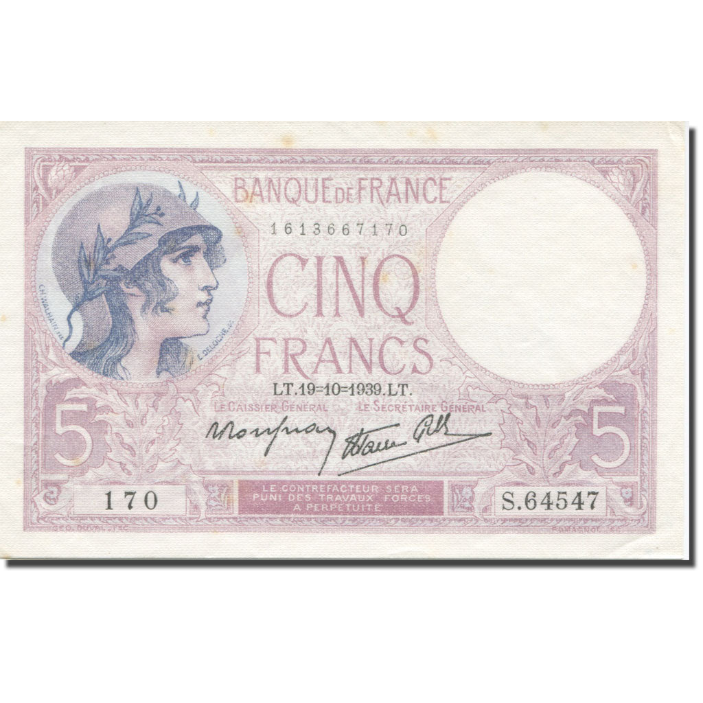 Frankrijk, 5 Francs, Violet, 1939, 1939-10-19, TTB+, Fayette:4.12, KM:83