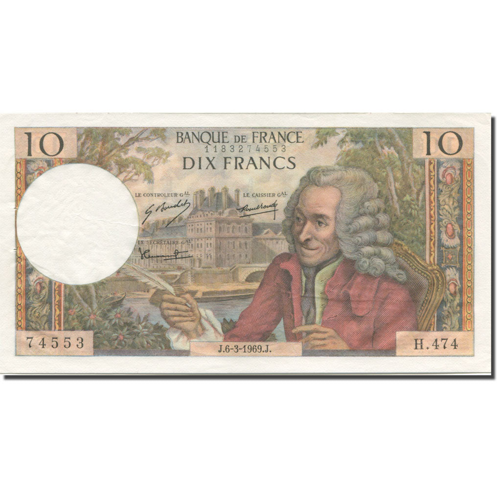 Francja, 10 Francs, Voltaire, 1969, 1969-03-06, EF(40-45), Fayette:62.37