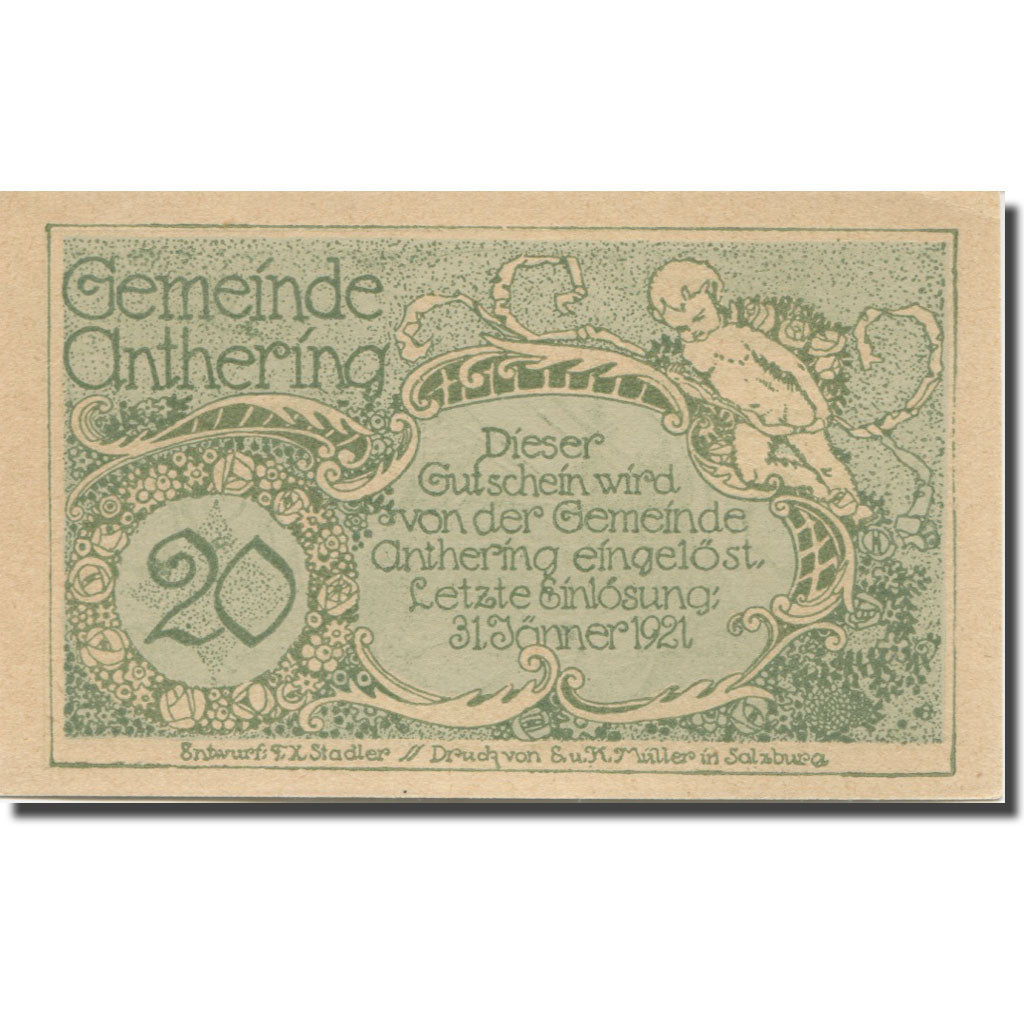 Banknote, Austria, Anthering, 20 Heller, ange 1, 1921 UNC(65-70) Mehl:FS 46d