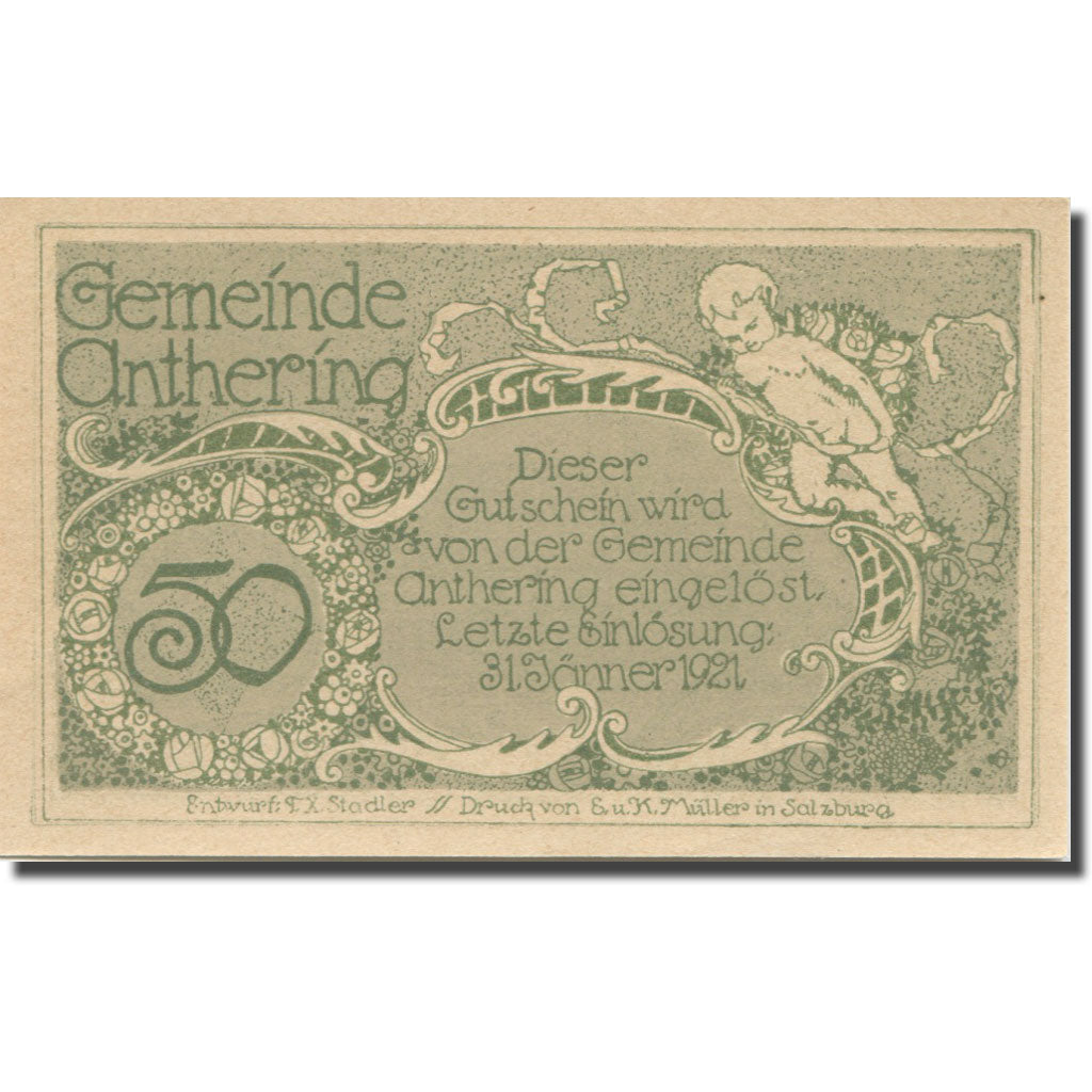 Banknote, Austria, Anthering, 50 Heller, Eglise, 1921 UNC(65-70) Mehl:FS 46d