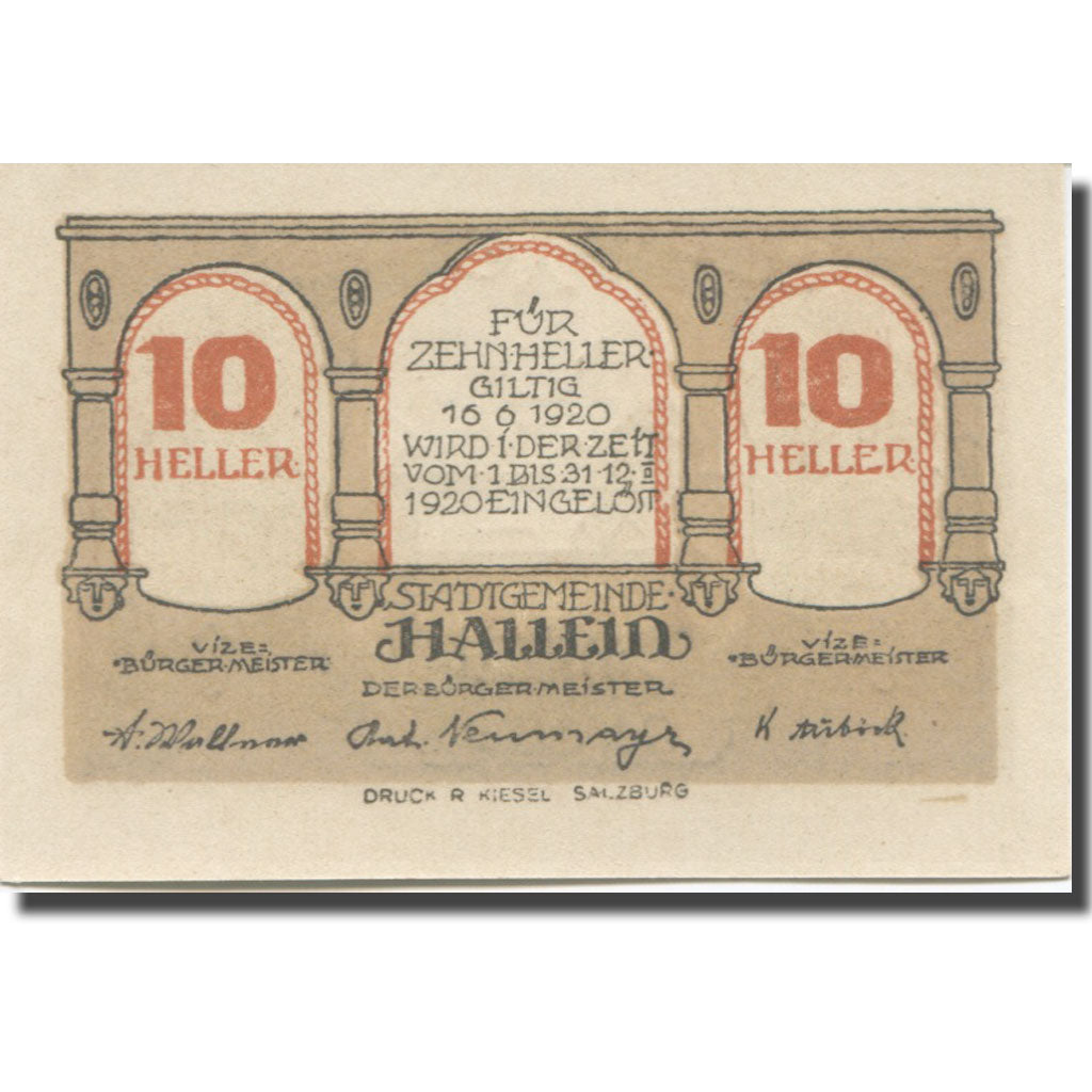 Billet, Autriche, Hallein, 10 Heller, menuisier, 1920 NEUF, Mehl:FS 344IIa