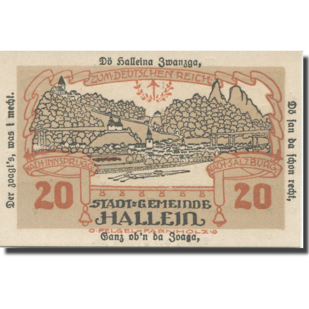 Banknote, Austria, Hallein, 20 Heller, paysage, 1920 UNC(65-70) Mehl:FS 344IIa