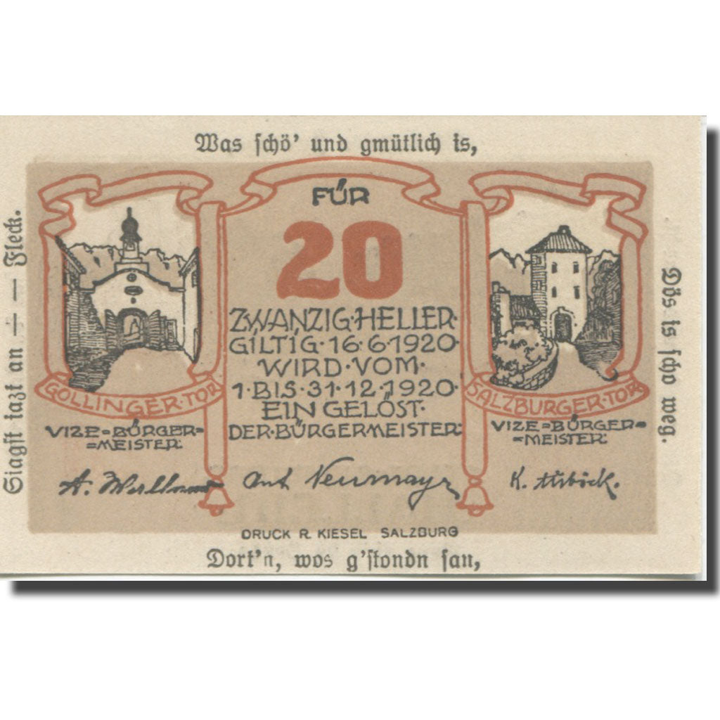 Banknote, Austria, Hallein, 20 Heller, paysage, 1920 UNC(65-70) Mehl:FS 344IIa