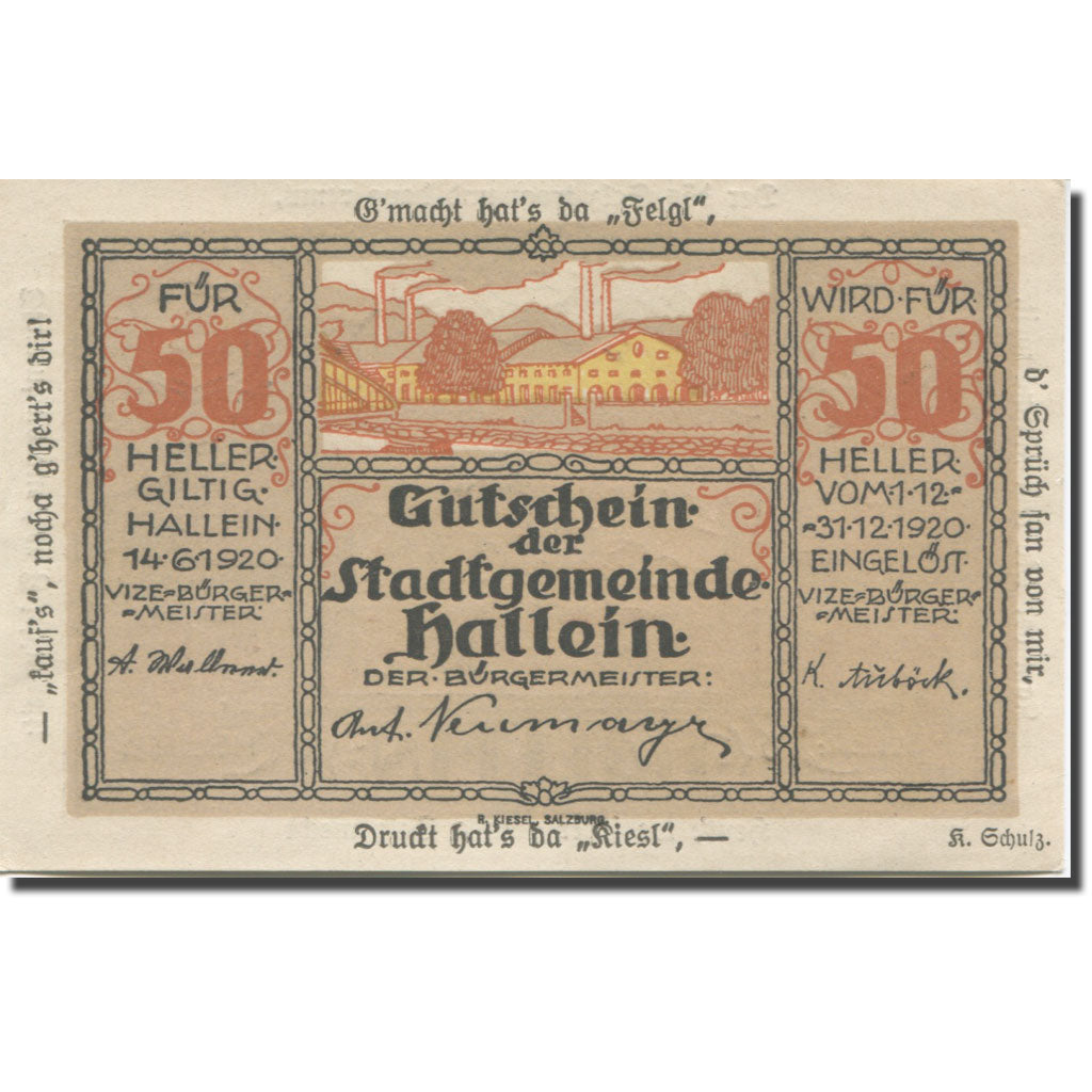 Banknote, Austria, Hallein, 50 Heller, Usine 1920-12-31, UNC(64) Mehl:FS 344IIa