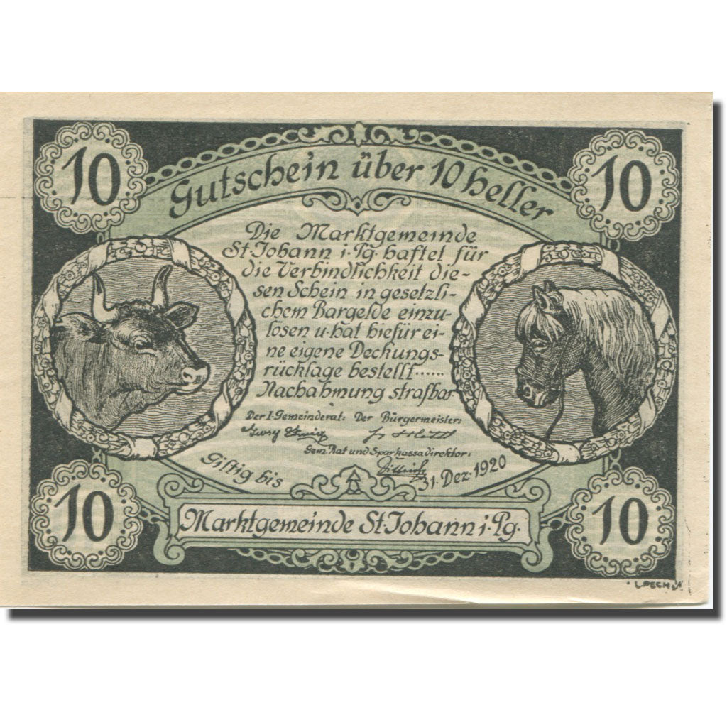Banknote, Austria, St Johann, 10 Heller, Animaux, 1920 UNC(63) Mehl:FS 895a