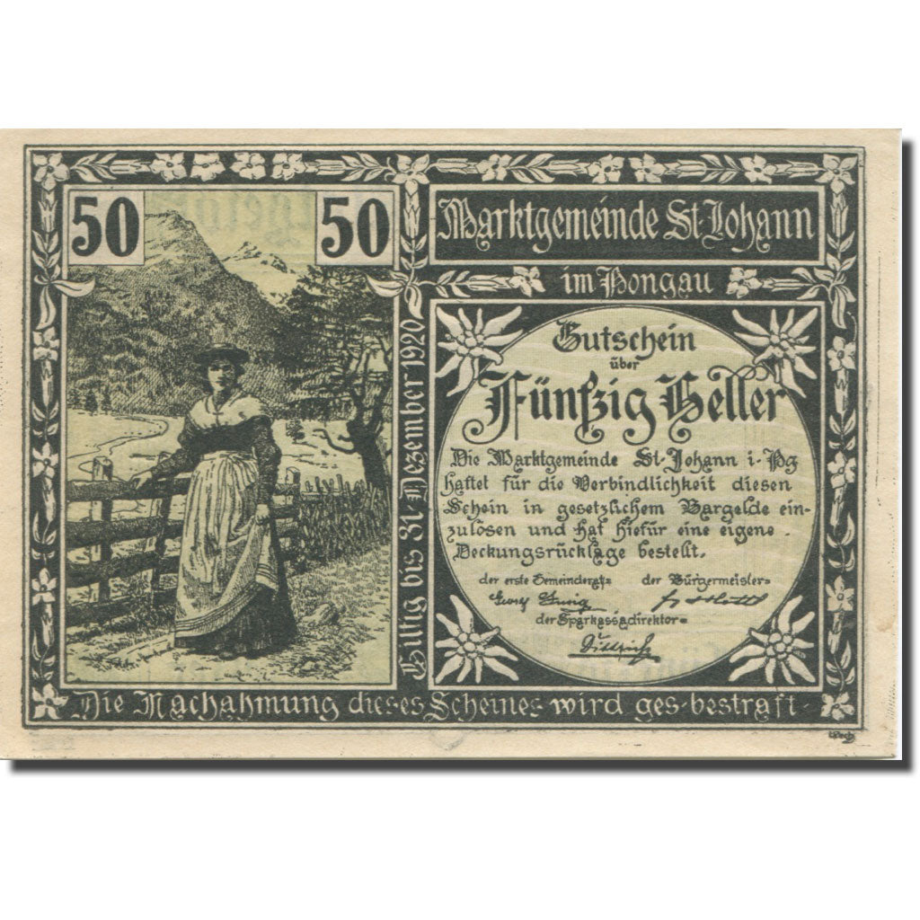 Banknote, Austria, St Johann, 50 Heller, portrait, 1920 UNC(63) Mehl:FS 895a