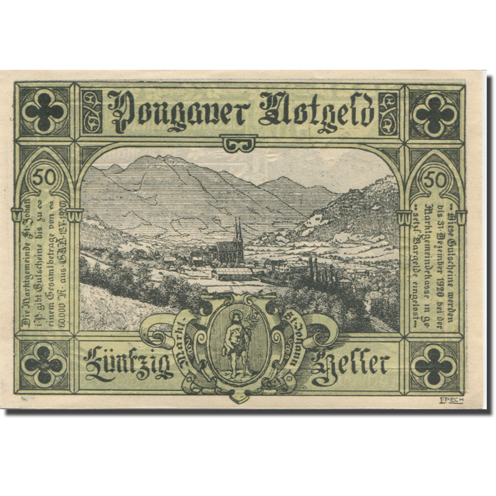 Banknote, Austria, St Johann, 50 Heller, portrait, 1920 UNC(63) Mehl:FS 895a