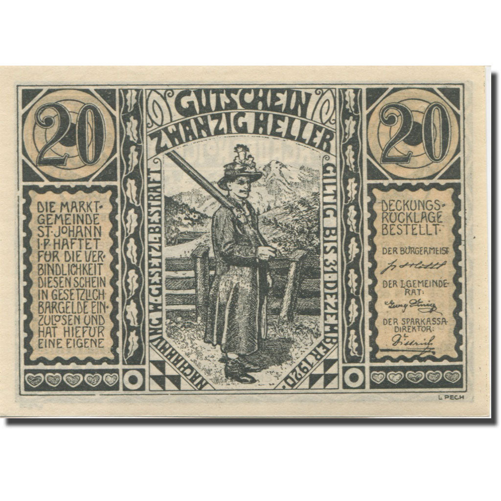 Banknote, Austria St Johann, 20 Heller, personnage, 1920 UNC(65-70) Mehl:FS 895a