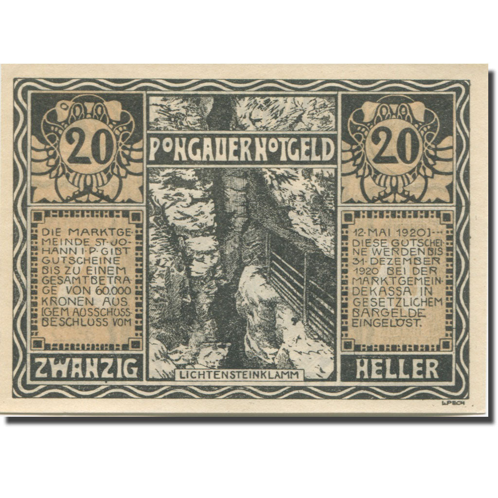 Banknote, Austria St Johann, 20 Heller, personnage, 1920 UNC(65-70) Mehl:FS 895a