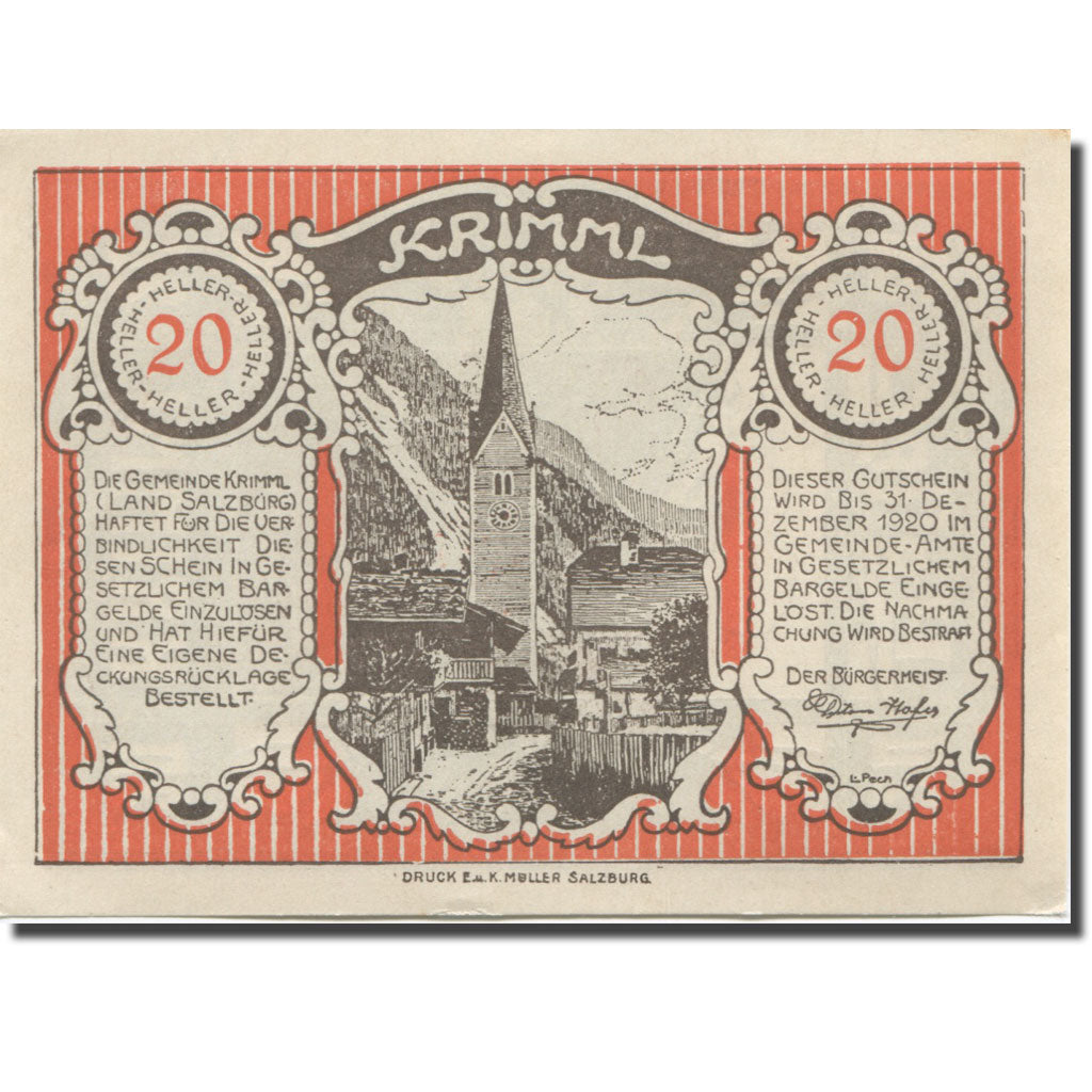 Banknote, Austria, Krimml, 20 Heller, Eglise 1, 1920 UNC(63) Mehl:FS 483a