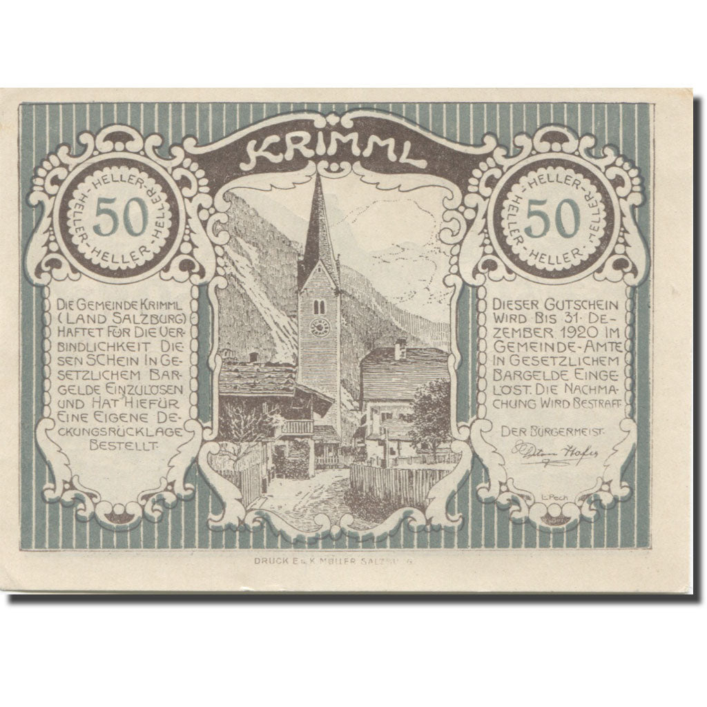 Banknote, Austria, Krimml, 50 Heller, paysage, 1920 UNC(63) Mehl:FS 483a