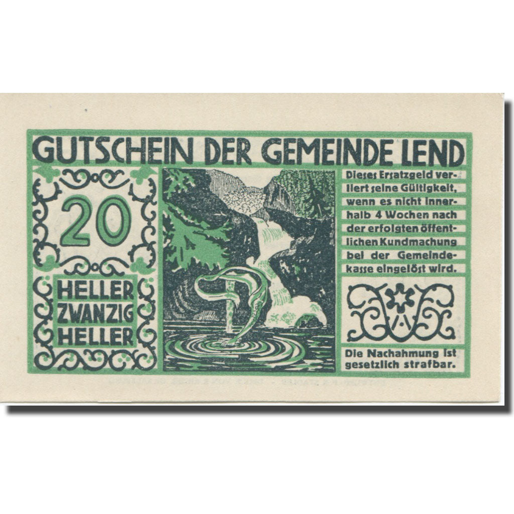 Banknote, Austria, Lend, 20 Heller, montagne, 1920 UNC(65-70) Mehl:FS 511IIa