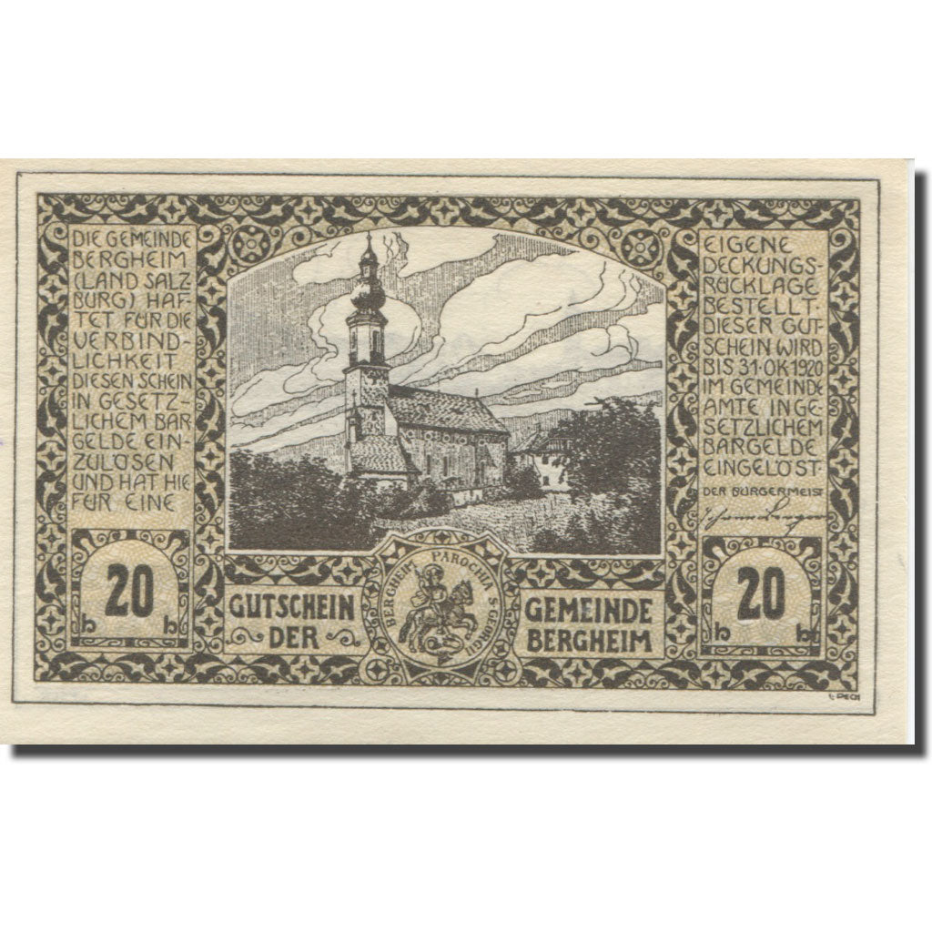 Geldschein, Österreich, Bergheim, 20 Heller, Eglise, 1920 UNZ Mehl:FS 82Ia
